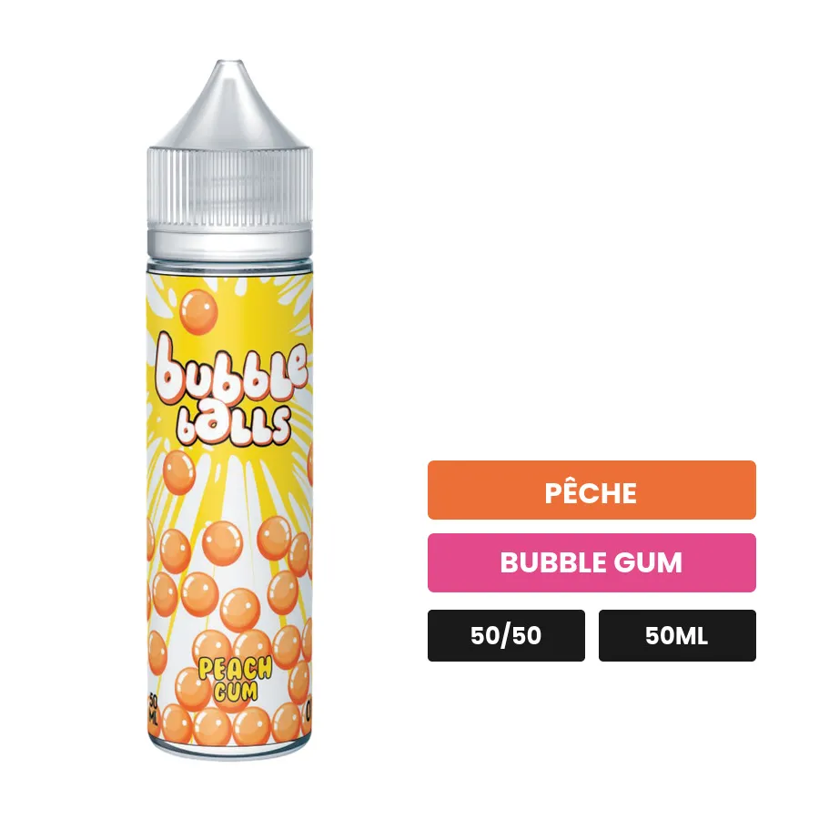 E-liquide Peach Gum de Bubble Balls, 50 ml, saveurs pêche et bubble gum.