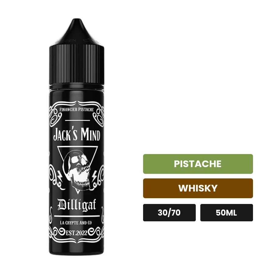 E-liquide Jack'S Mind de Dilligaf, 50 ml, saveurs pistache et whisky.