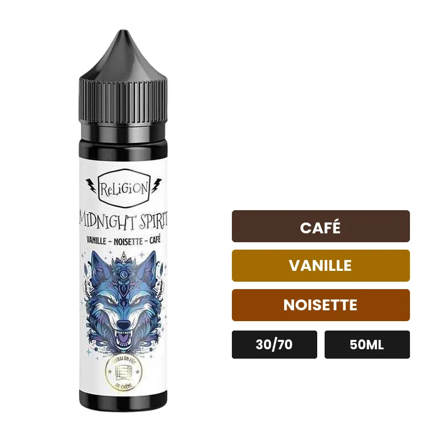 E-liquide Midnight Spirit de Religion Juice, 50 ml, saveurs café, vanille et noisette.