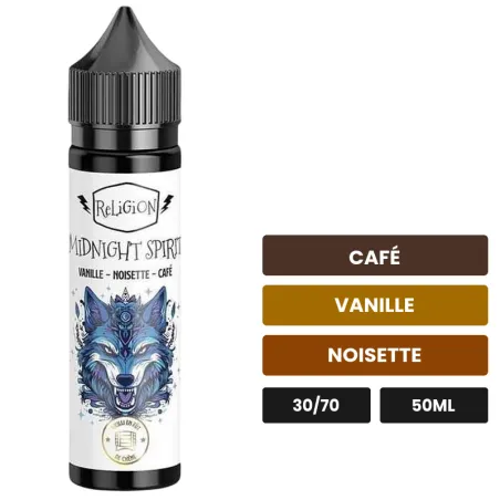 E-liquide Midnight Spirit de Religion Juice, 50 ml, saveurs café, vanille et noisette.