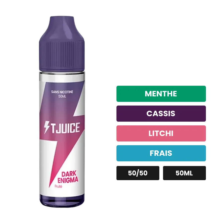 E-liquide Dark Enigma de T-Juice, 50 ml, saveurs menthe, cassis, litchi et 1 autre.