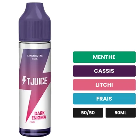E-liquide Dark Enigma de T-Juice, 50 ml, saveurs menthe, cassis, litchi et 1 autre.