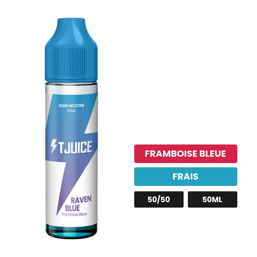 E-liquide Raven Blue de T-Juice, 50 ml, saveurs framboise bleue et frais.
