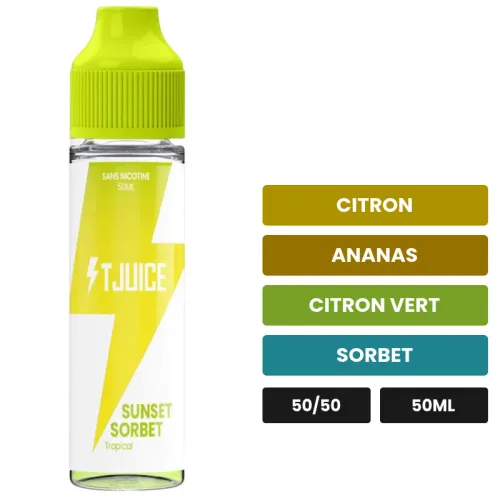 E-liquide Sunset Sorbet de T-Juice, 50 ml, saveurs citron, ananas, citron vert et 2 autres.
