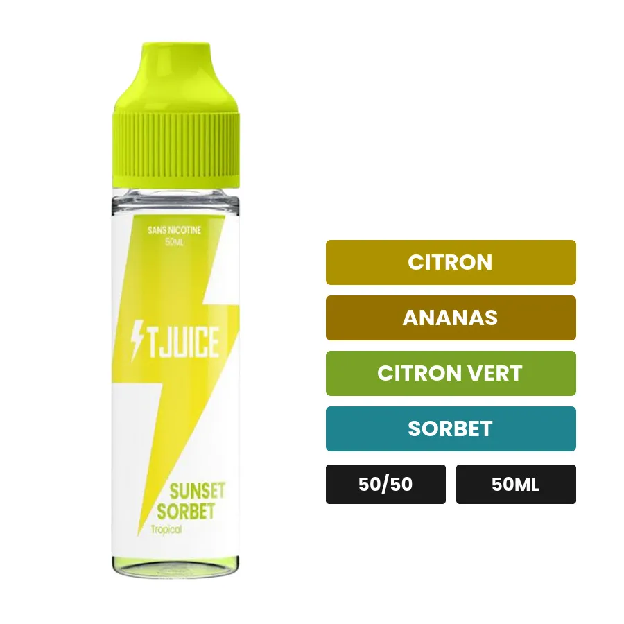 E-liquide Sunset Sorbet de T-Juice, 50 ml, saveurs citron, ananas, citron vert et 2 autres.