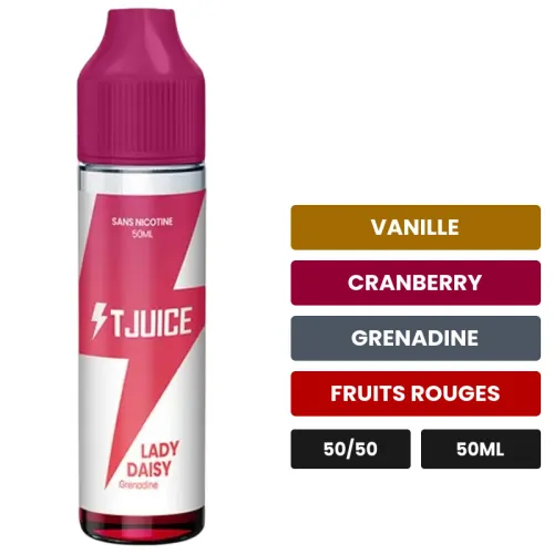 E-liquide Lady Daisy de T-Juice, 50 ml, saveurs vanille, cranberry, grenadine et 2 autres.