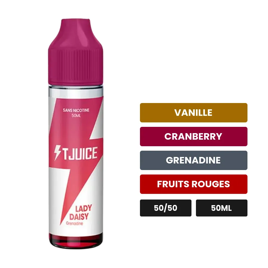 E-liquide Lady Daisy de T-Juice, 50 ml, saveurs vanille, cranberry, grenadine et 2 autres.