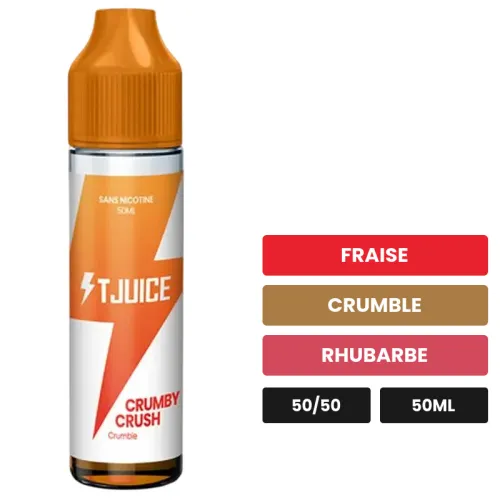 E-liquide Crumby Crush de T-Juice, 50 ml, saveurs fraise, crumble et rhubarbe.