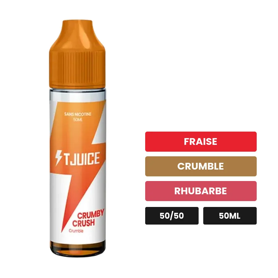 E-liquide Crumby Crush de T-Juice, 50 ml, saveurs fraise, crumble et rhubarbe.