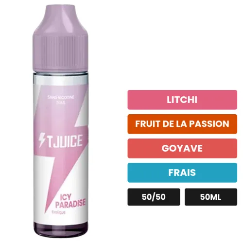 E-liquide Icy Paradise de T-Juice, 50 ml, saveurs litchi, fruit de la passion, goyave et 1 autre.