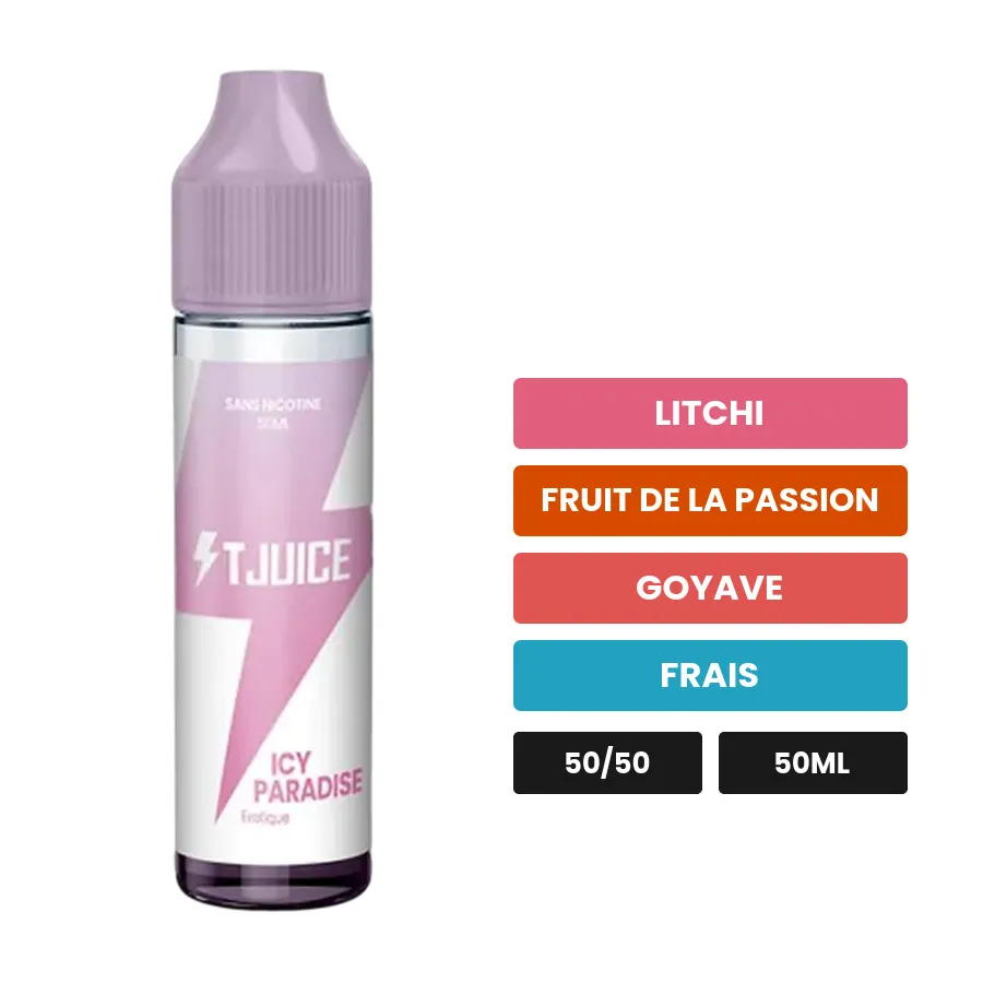 E-liquide Icy Paradise de T-Juice, 50 ml, saveurs litchi, fruit de la passion, goyave et 1 autre.