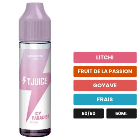E-liquide Icy Paradise de T-Juice, 50 ml, saveurs litchi, fruit de la passion, goyave et 1 autre.