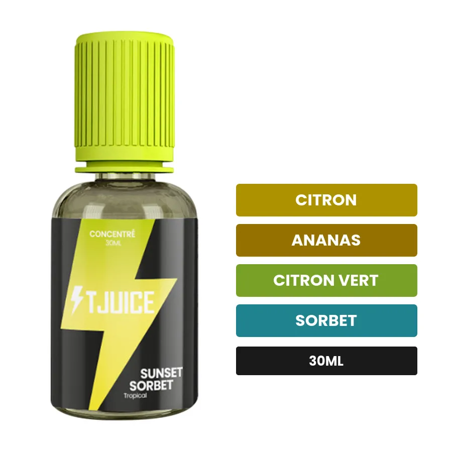 Arome concentre Sunset Sorbet de T-Juice, 30 ml, saveurs citron, ananas, citron vert et 2 autres.