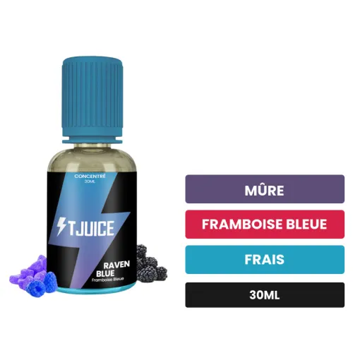 Arome concentre Raven Blue de T-Juice, 30 ml, saveurs mûre, framboise bleue et frais.