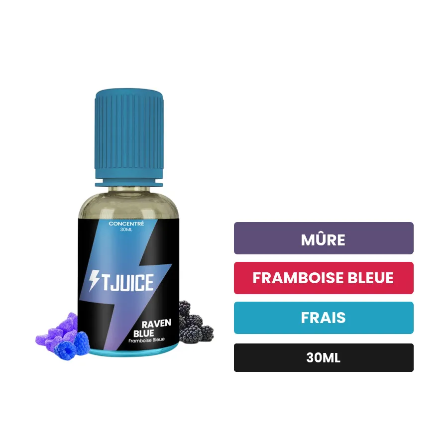 Arome concentre Raven Blue de T-Juice, 30 ml, saveurs mûre, framboise bleue et frais.
