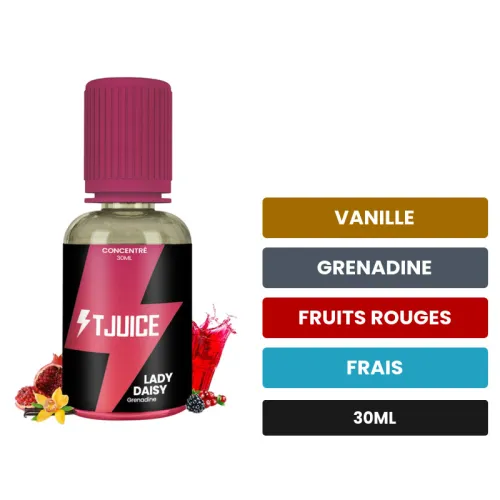 Arome concentre Lady Daisy de T-Juice, 30 ml, saveurs vanille, grenadine, fruits rouges et 1 autre.