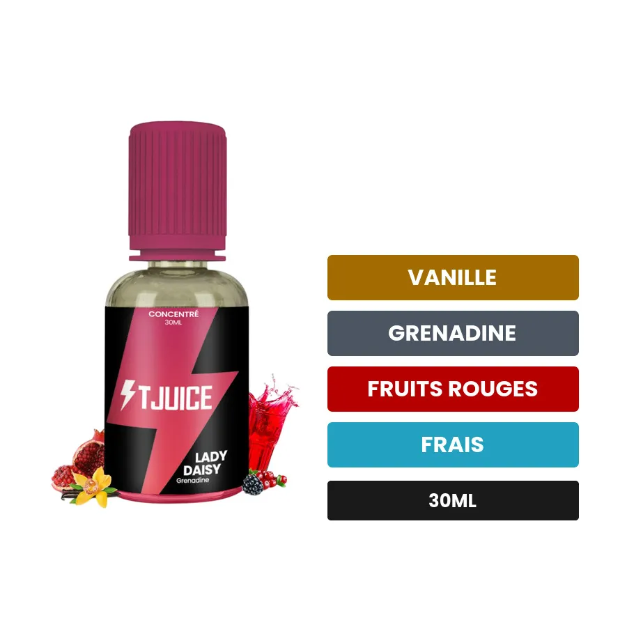 Arome concentre Lady Daisy de T-Juice, 30 ml, saveurs vanille, grenadine, fruits rouges et 1 autre.