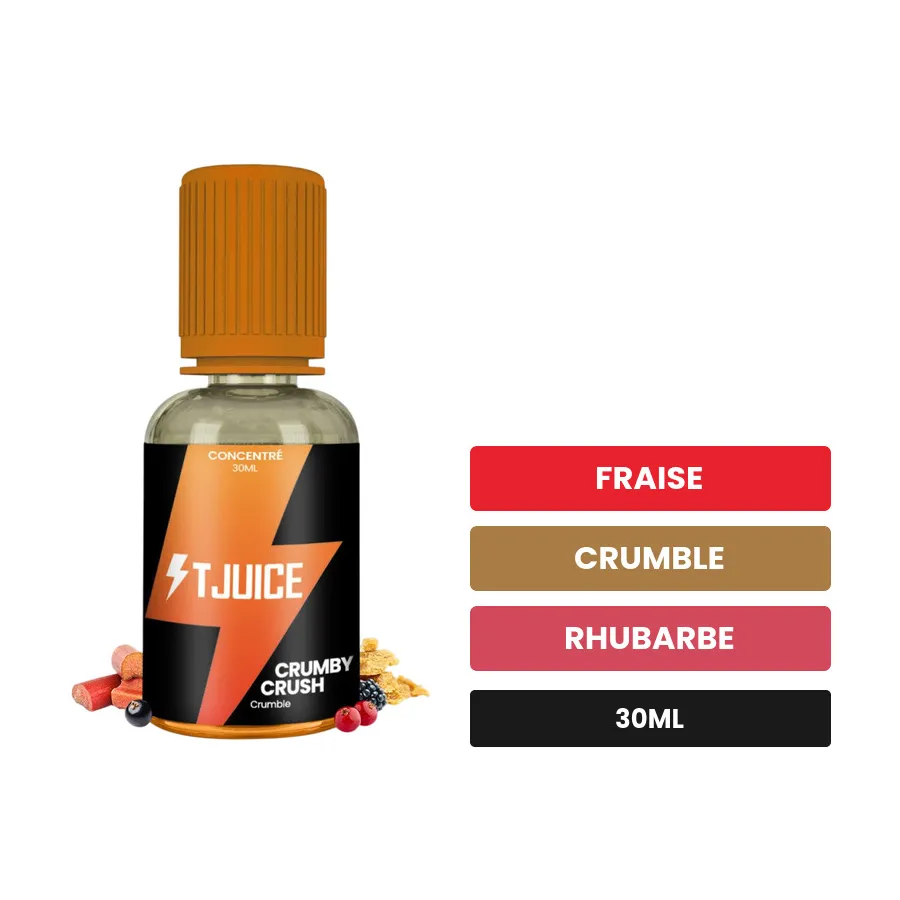 Arome concentre Crumby Crush de T-Juice, 30 ml, saveurs fraise, crumble et rhubarbe.