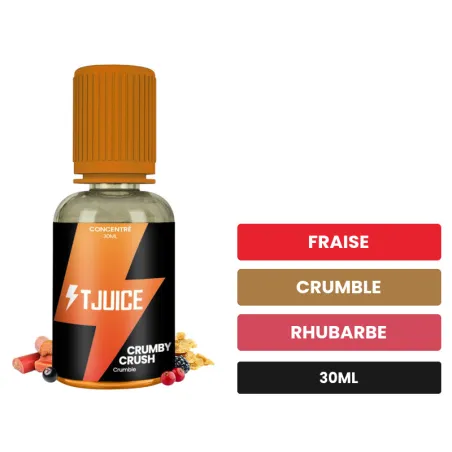 Arome concentre Crumby Crush de T-Juice, 30 ml, saveurs fraise, crumble et rhubarbe.