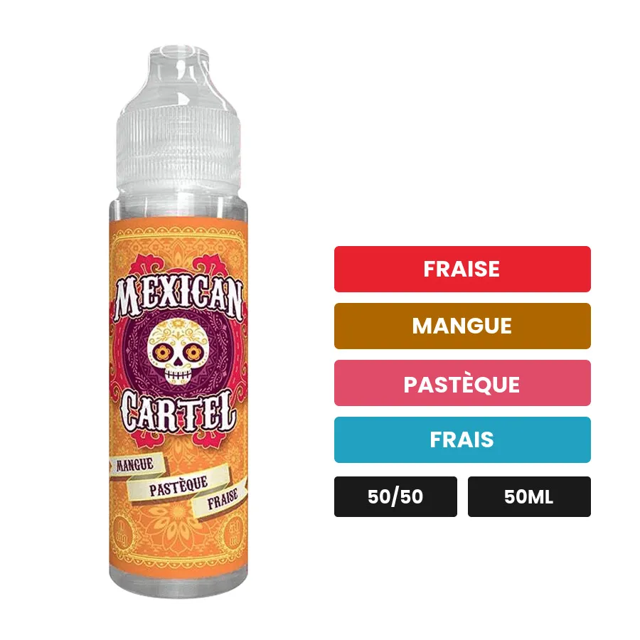 E-liquide Mangue Pastèque Fraise de Mexican Cartel, 50 ml, saveurs fraise, mangue, pastèque et 1 autre.