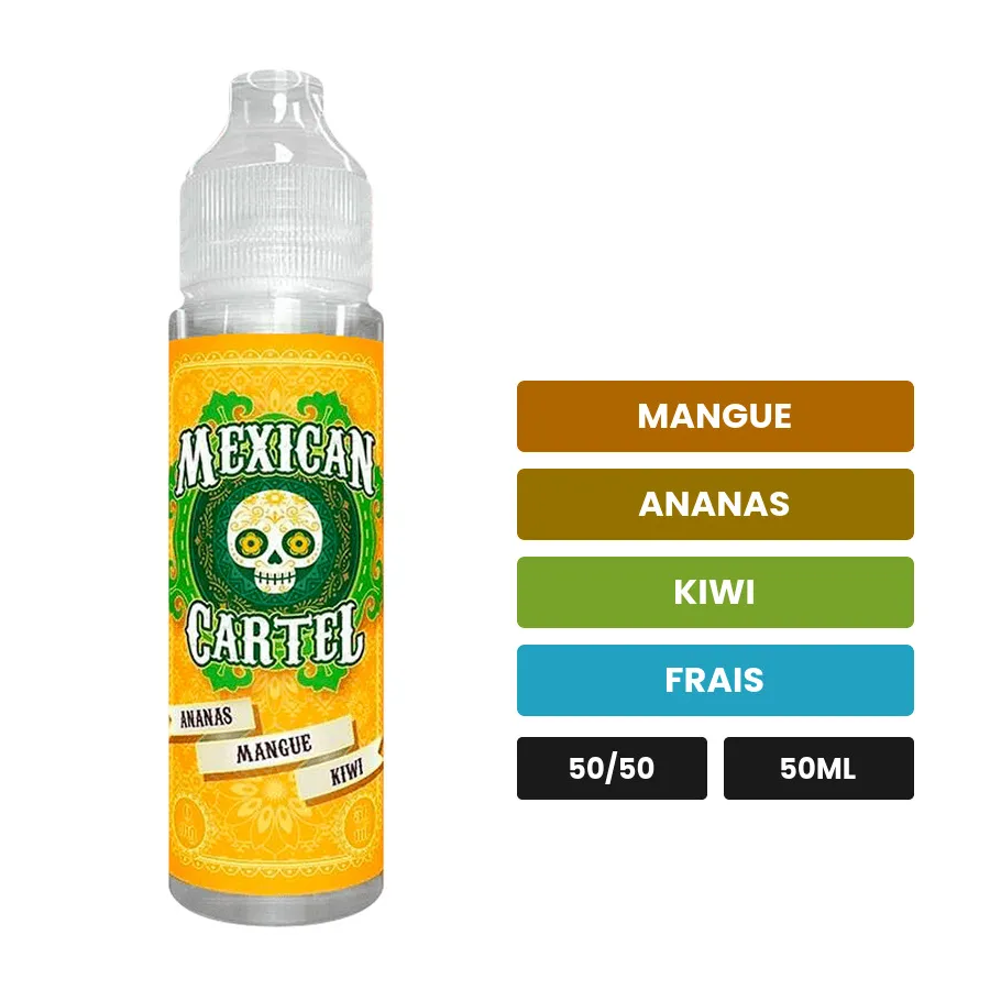 E-liquide Ananas Mangue Kiwi de Mexican Cartel, 50 ml, saveurs mangue, ananas, kiwi et 1 autre.