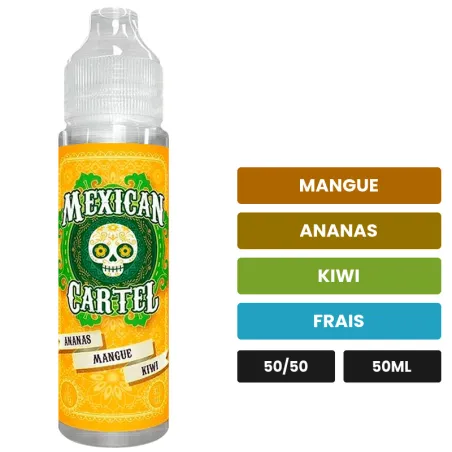 E-liquide Ananas Mangue Kiwi de Mexican Cartel, 50 ml, saveurs mangue, ananas, kiwi et 1 autre.