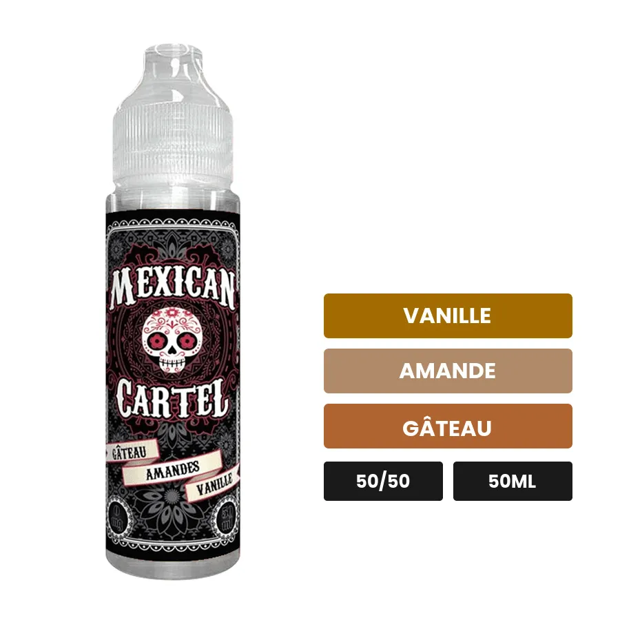E-liquide Gateau Amandes Vanille de Mexican Cartel, 50 ml, saveurs vanille, amande et gâteau.