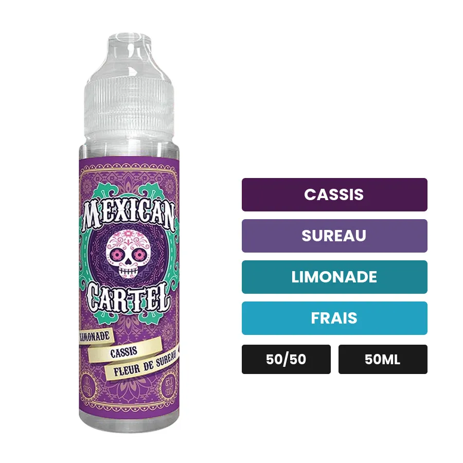 E-liquide Limonade Cassis Fleur De Sureau de Mexican Cartel, 50 ml, saveurs cassis, sureau, limonade et 1 autre.