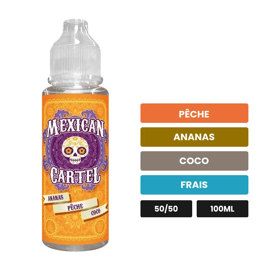 E-liquide Ananas Pêche Coco de Mexican Cartel, 100 ml, saveurs pêche, ananas, coco et 1 autre.