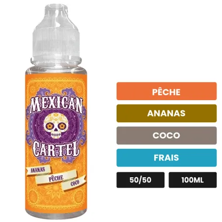 E-liquide Ananas Pêche Coco de Mexican Cartel, 100 ml, saveurs pêche, ananas, coco et 1 autre.