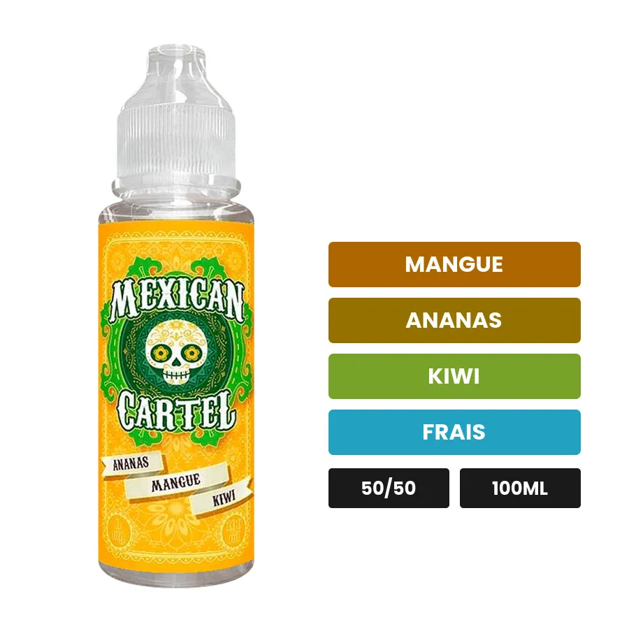 E-liquide Ananas Mangue Kiwi de Mexican Cartel, 100 ml, saveurs mangue, ananas, kiwi et 1 autre.