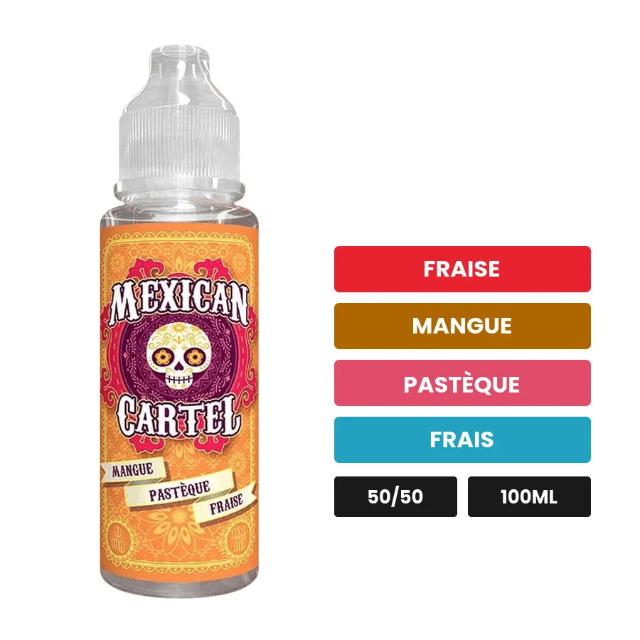 E-liquide Mangue Pastèque Fraise de Mexican Cartel, 100 ml, saveurs fraise, mangue, pastèque et 1 autre.