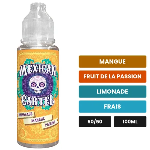E-liquide Limonade Mangue Passion de Mexican Cartel, 100 ml, saveurs mangue, fruit de la passion, limonade et 1 autre.