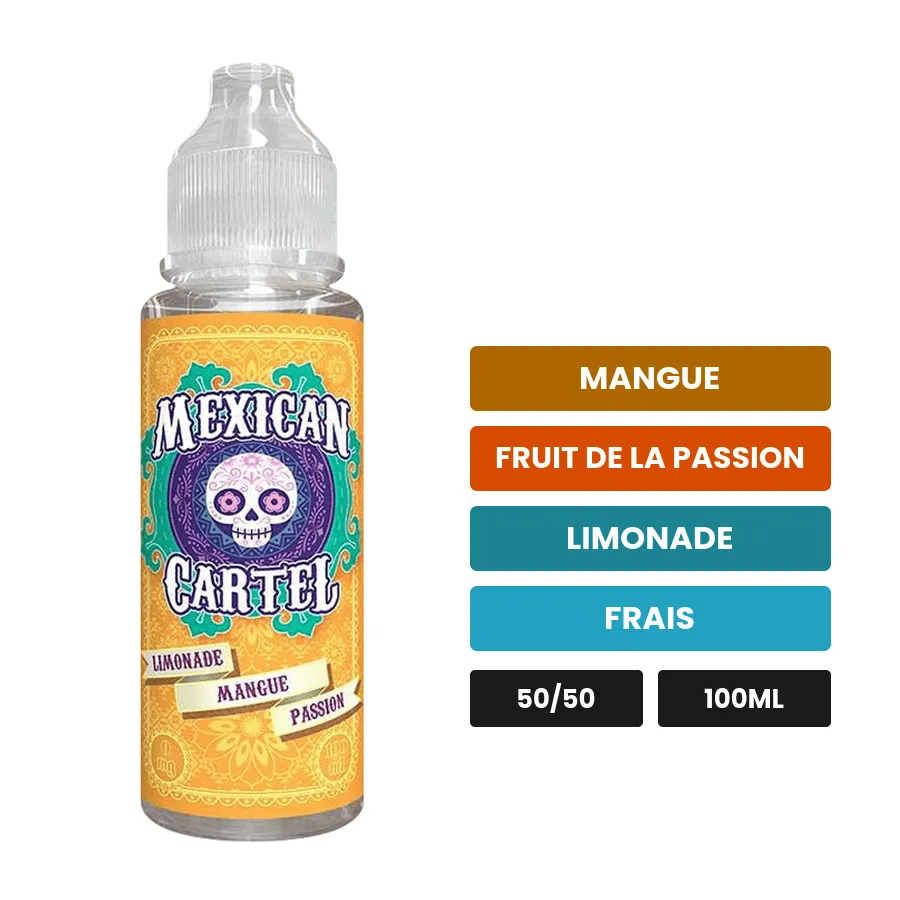 E-liquide Limonade Mangue Passion de Mexican Cartel, 100 ml, saveurs mangue, fruit de la passion, limonade et 1 autre.