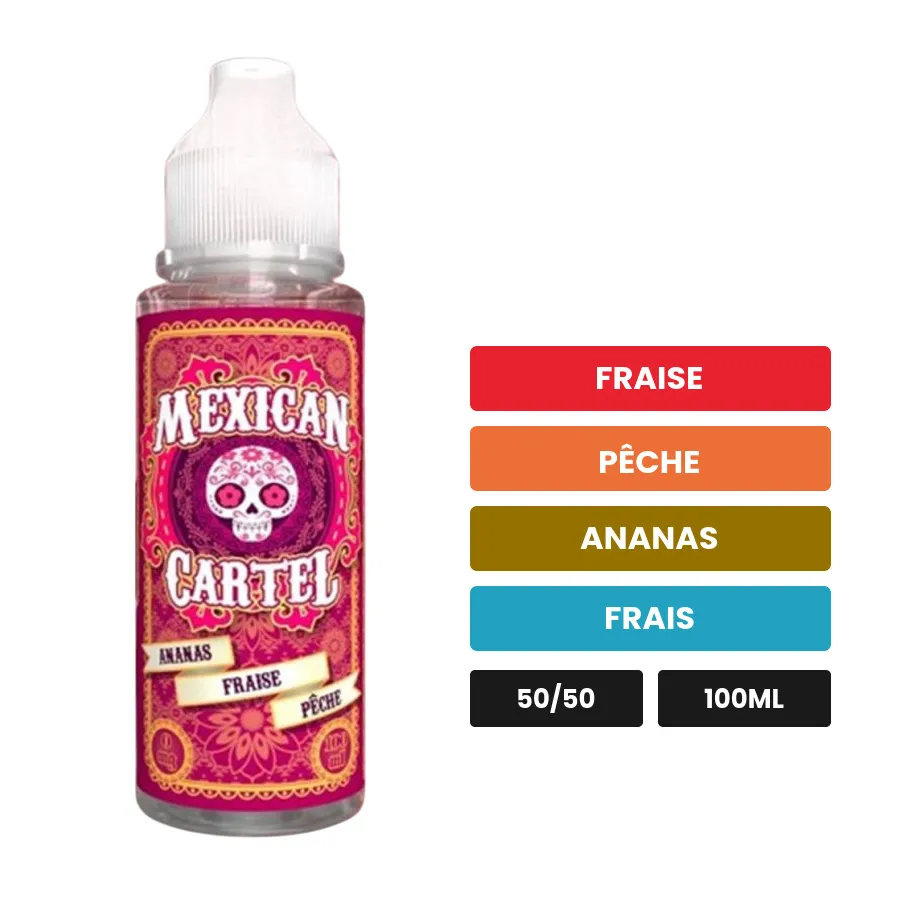 E-liquide Ananas Fraise Peche de Mexican Cartel, 100 ml, saveurs fraise, pêche, ananas et 1 autre.