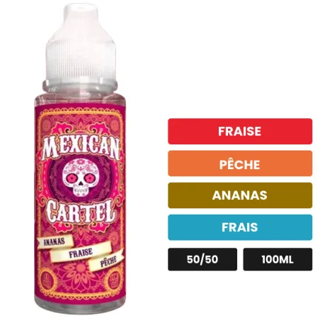 E-liquide Ananas Fraise Peche de Mexican Cartel, 100 ml, saveurs fraise, pêche, ananas et 1 autre.