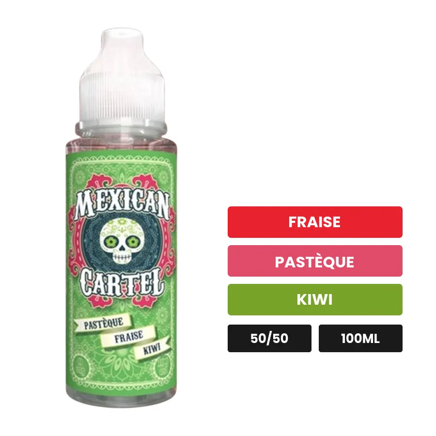 E-liquide Pasteque Fraise Kiwi de Mexican Cartel, 100 ml, saveurs fraise, pastèque et kiwi.