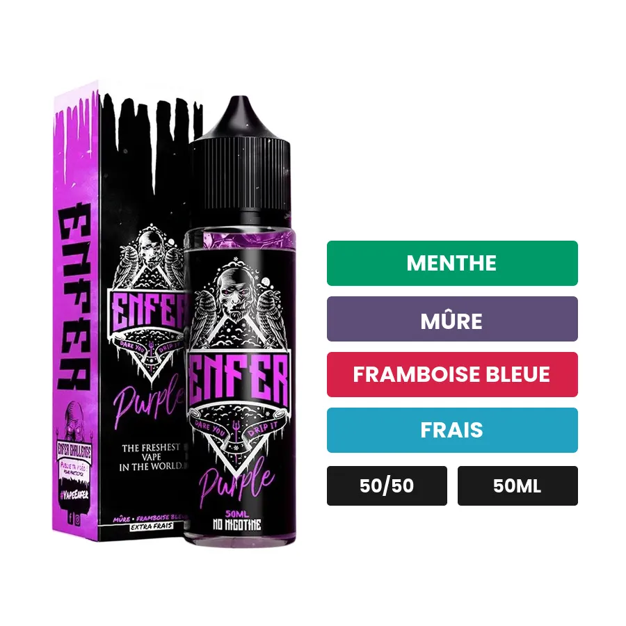 E-liquide Purple de Vape 47, 50 ml, saveurs menthe, mûre, framboise bleue et 1 autre.