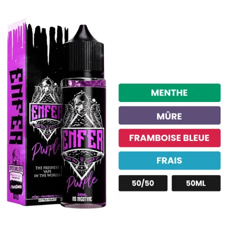 E-liquide Purple de Vape 47, 50 ml, saveurs menthe, mûre, framboise bleue et 1 autre.