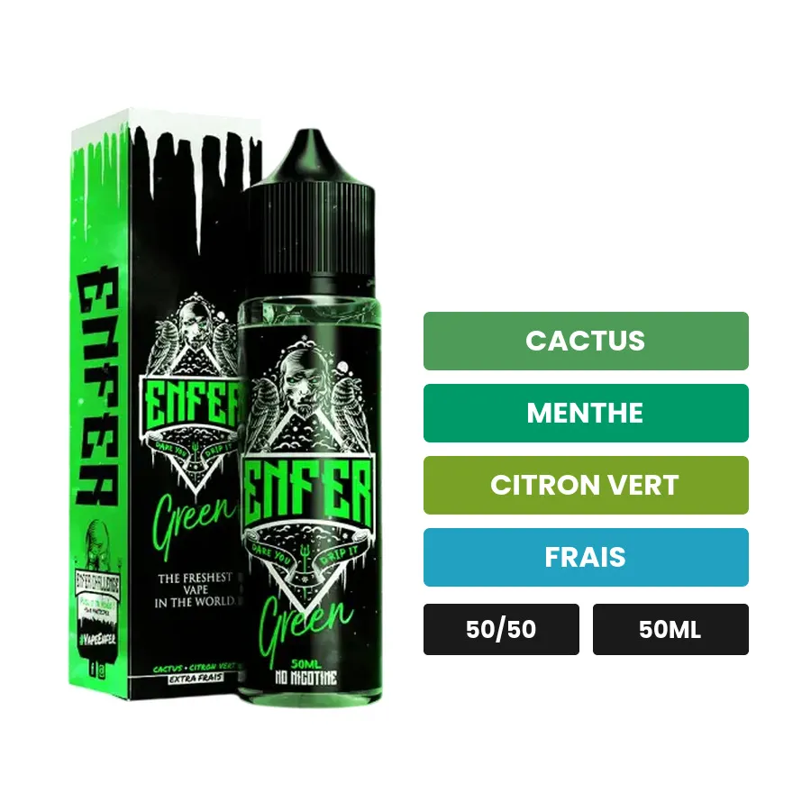 E-liquide Green de Vape 47, 50 ml, saveurs cactus, menthe, citron vert et 1 autre.