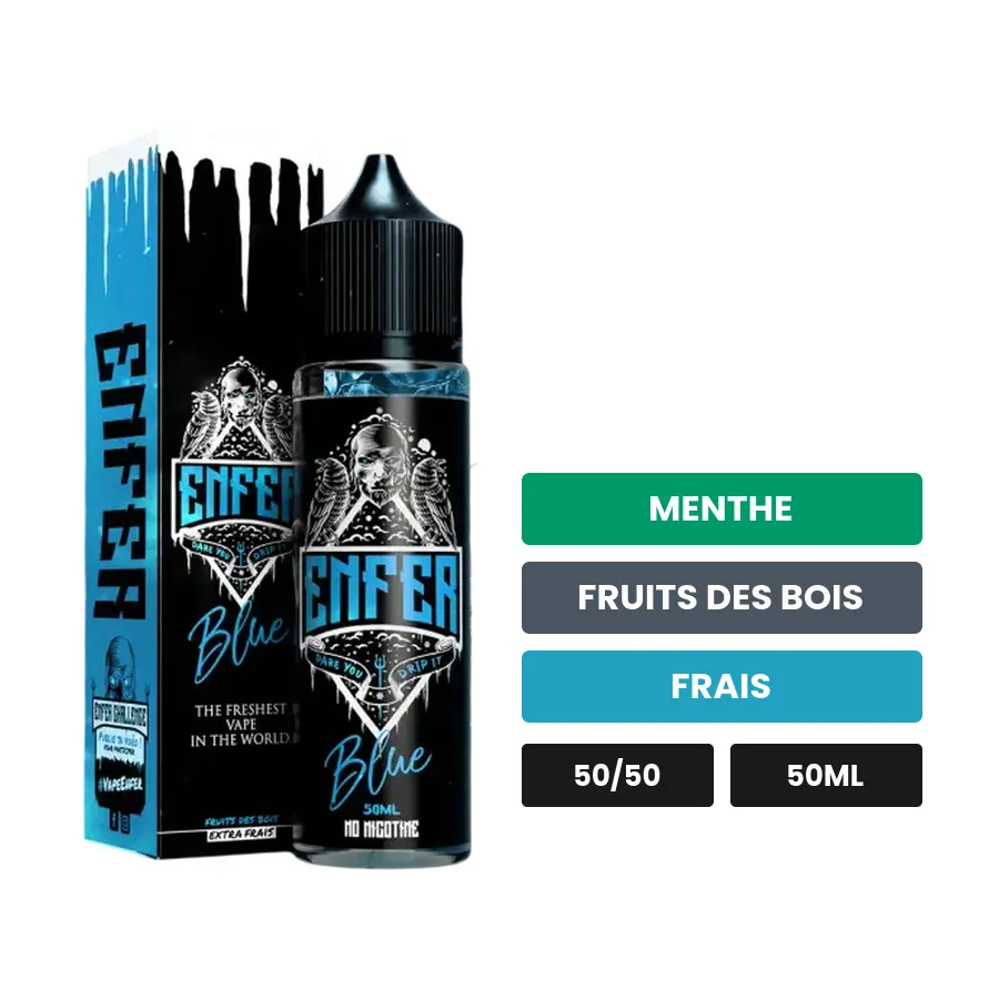 E-liquide Blue de Vape 47, 50 ml, saveurs menthe, fruits des bois et frais.