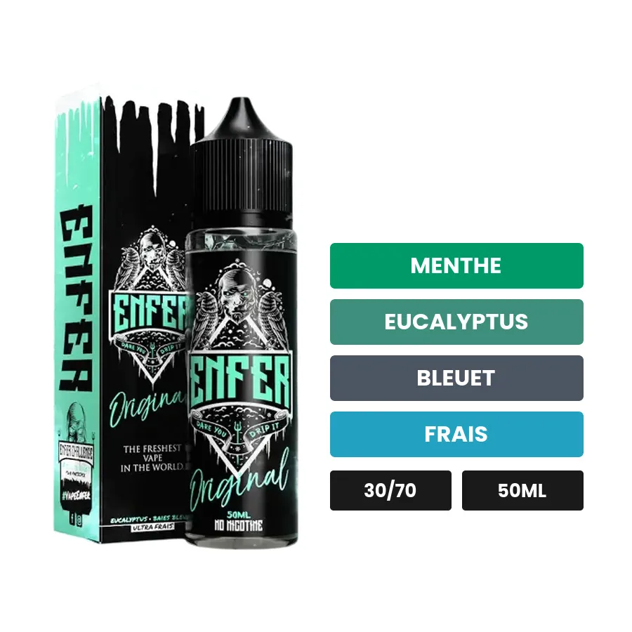 E-liquide Original de Vape 47, 50 ml, saveurs menthe, eucalyptus, bleuet et 1 autre.