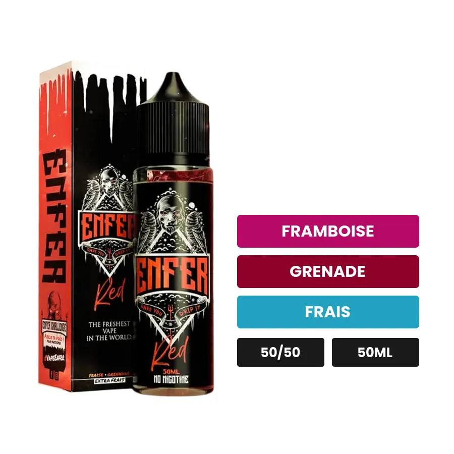 E-liquide Red de Vape 47, 50 ml, saveurs framboise, grenade et frais.