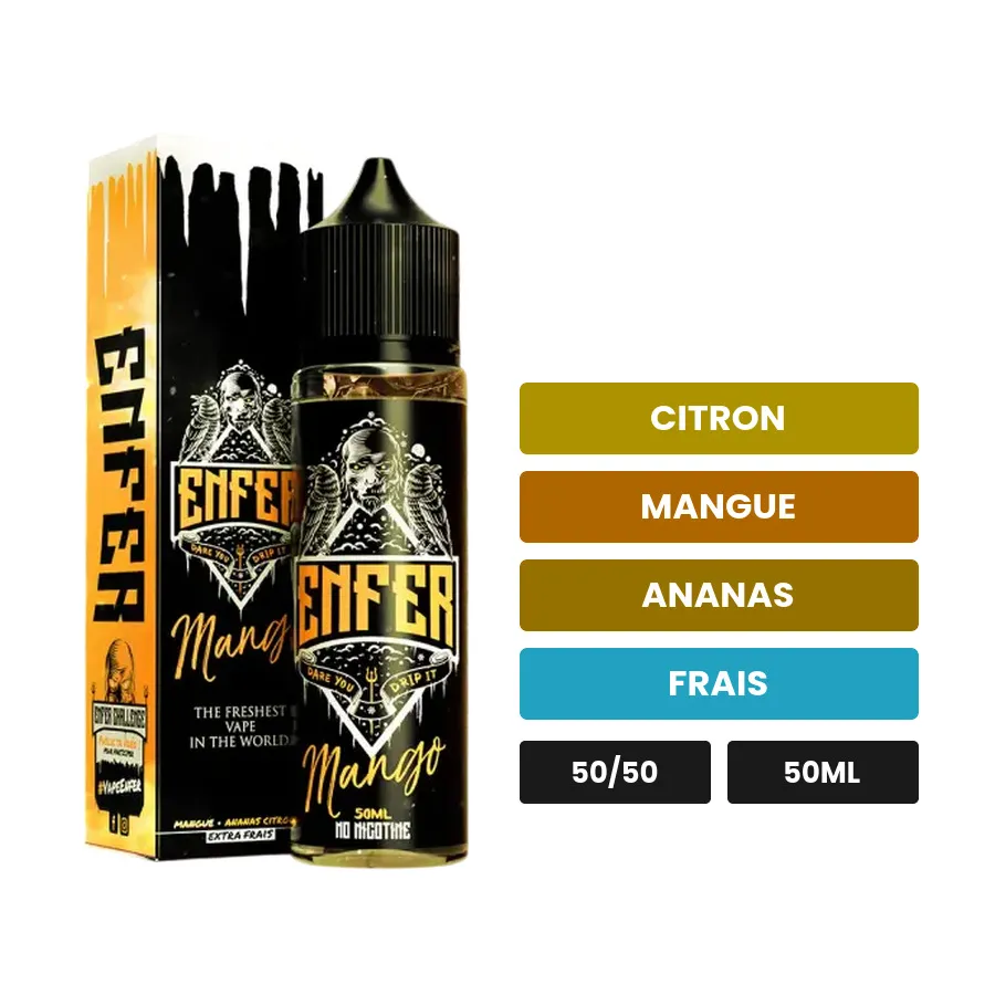 E-liquide Mango de Vape 47, 50 ml, saveurs citron, mangue, ananas et 1 autre.
