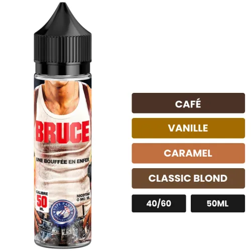 E-liquide Bruce de Swoke, 50 ml, saveurs café, vanille, caramel et 1 autre.
