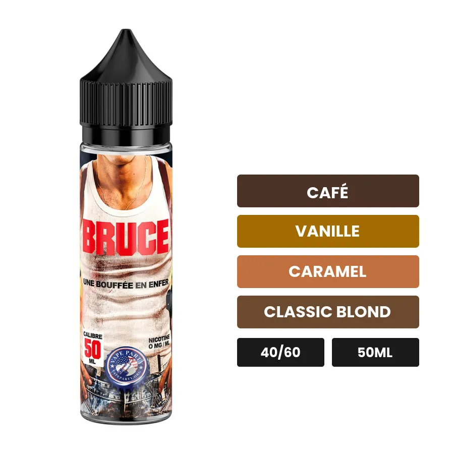 E-liquide Bruce de Swoke, 50 ml, saveurs café, vanille, caramel et 1 autre.