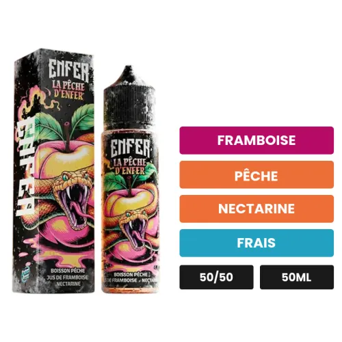 E-liquide La Pêche de Vape 47, 50 ml, saveurs framboise, pêche, nectarine et 1 autre.