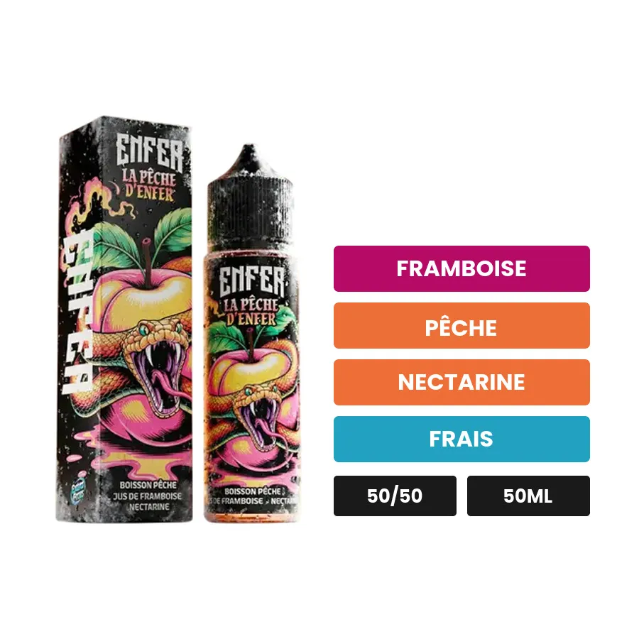 E-liquide La Pêche de Vape 47, 50 ml, saveurs framboise, pêche, nectarine et 1 autre.