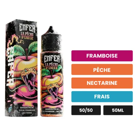 E-liquide La Pêche de Vape 47, 50 ml, saveurs framboise, pêche, nectarine et 1 autre.