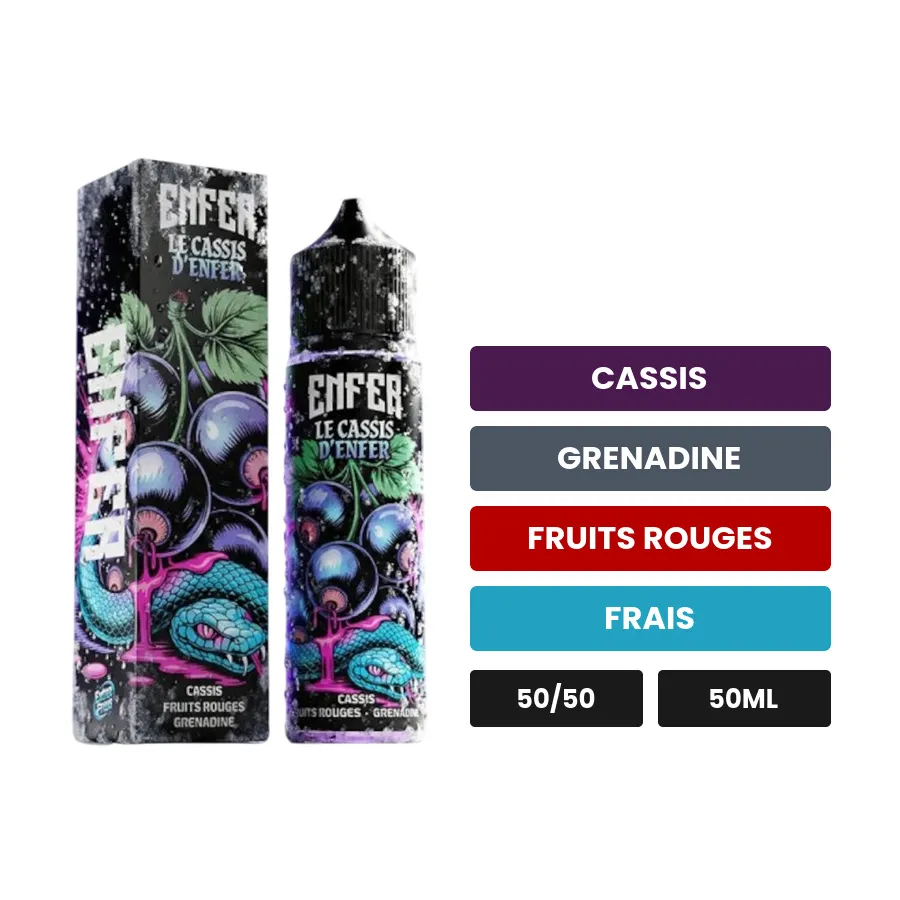 E-liquide Le Cassis de Vape 47, 50 ml, saveurs cassis, grenadine, fruits rouges et 1 autre.